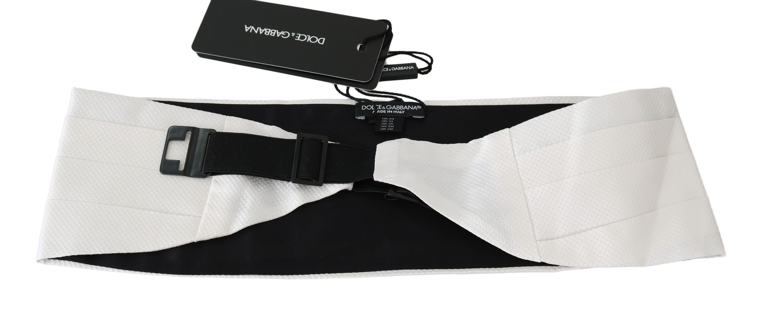 White men's silk waist belt and cummerbund by Dolce & Gabbana, featuring a smooth, elegant design for formal wear.