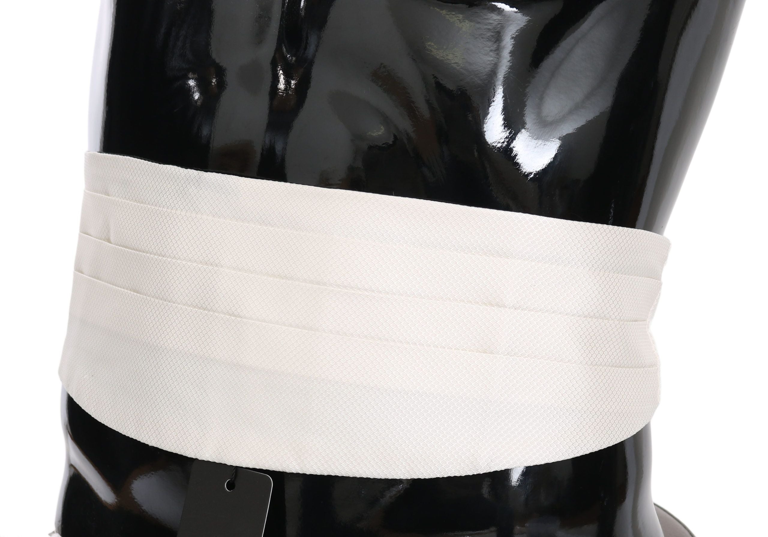 White men's silk waist belt, Dolce & Gabbana cummerbund, stylish formal accessory with smooth fabric and elegant design.