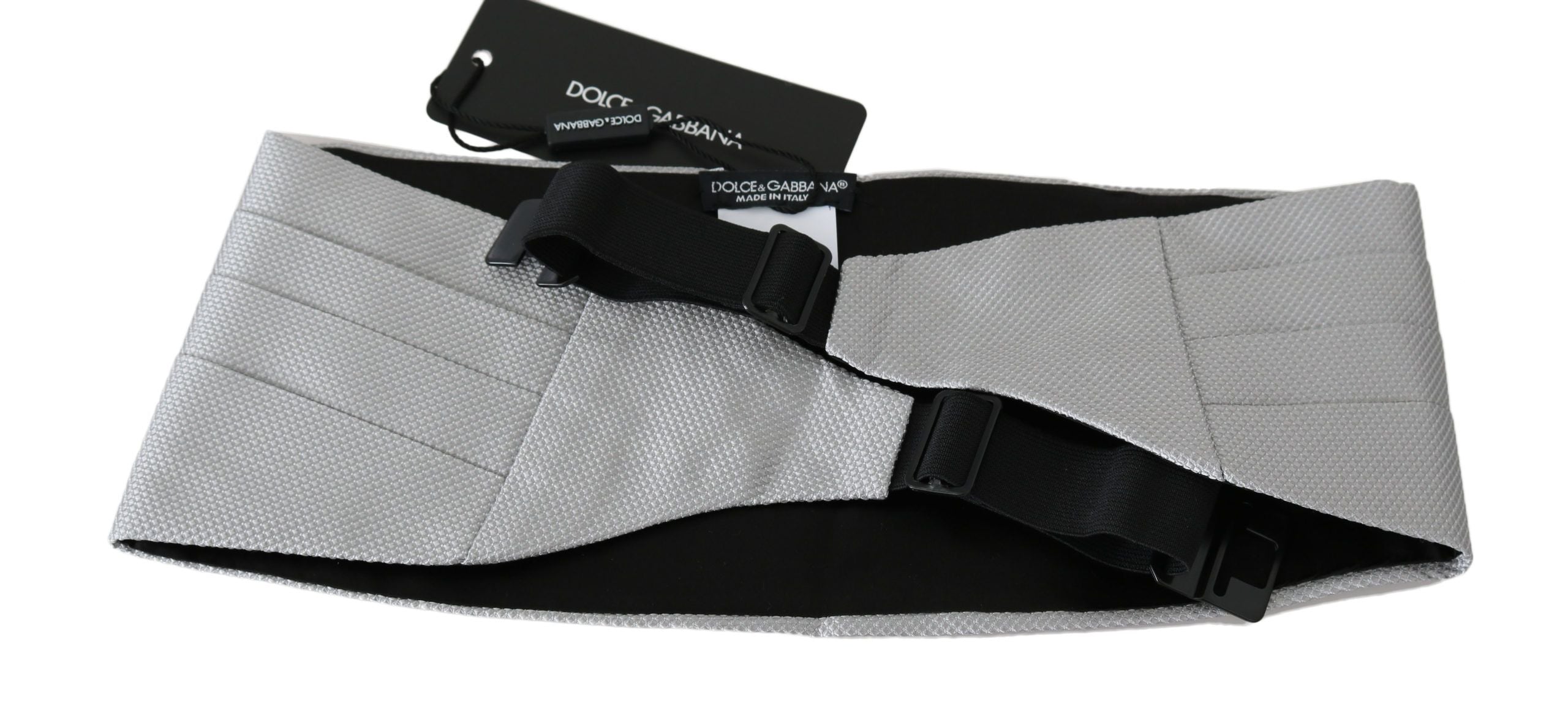Gray men's silk waist belt or cummerbund by Dolce & Gabbana, featuring smooth fabric and elegant design.