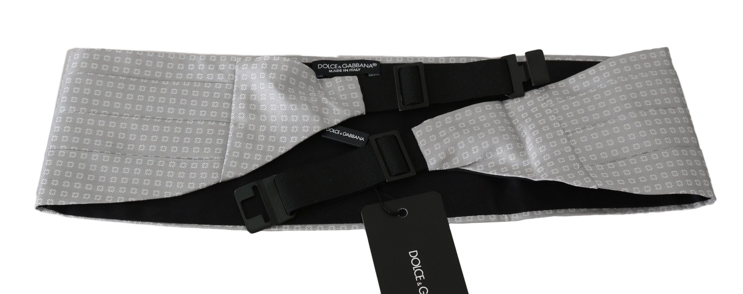 Gray patterned silk cummerbund waist belt by Dolce & Gabbana, featuring elegant design and smooth fabric.