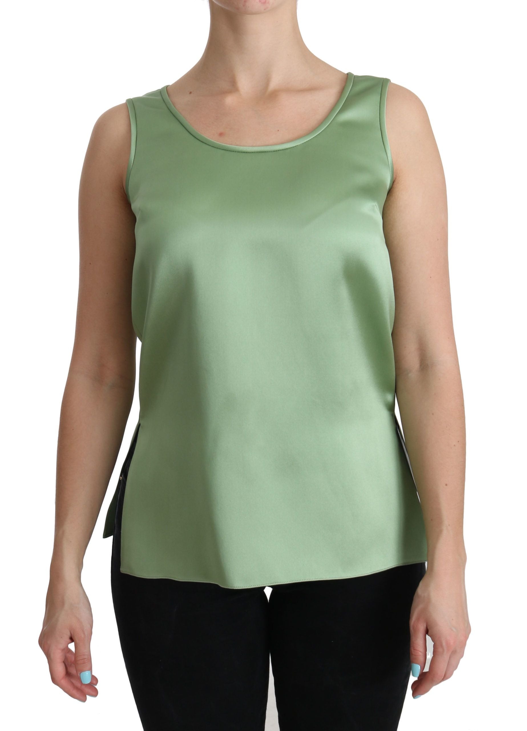 Green sleeveless silk tank blouse by Dolce & Gabbana, showcasing smooth fabric and elegant design.