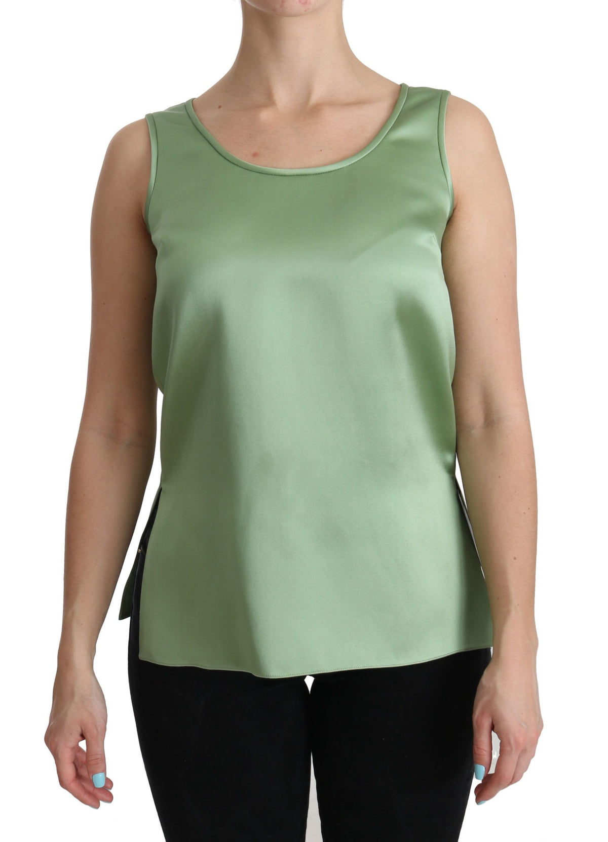 Green sleeveless silk tank blouse by Dolce & Gabbana, showcasing smooth fabric and elegant design.