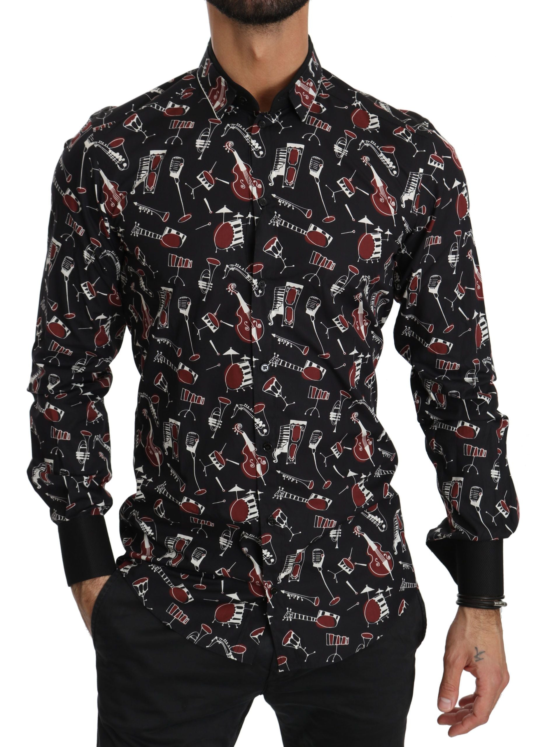 Black slim fit shirt by Dolce & Gabbana featuring musical instrument print, tailored for a sleek, modern look.