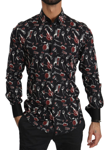 Black slim fit shirt by Dolce & Gabbana featuring musical instrument print, tailored for a sleek, modern look.
