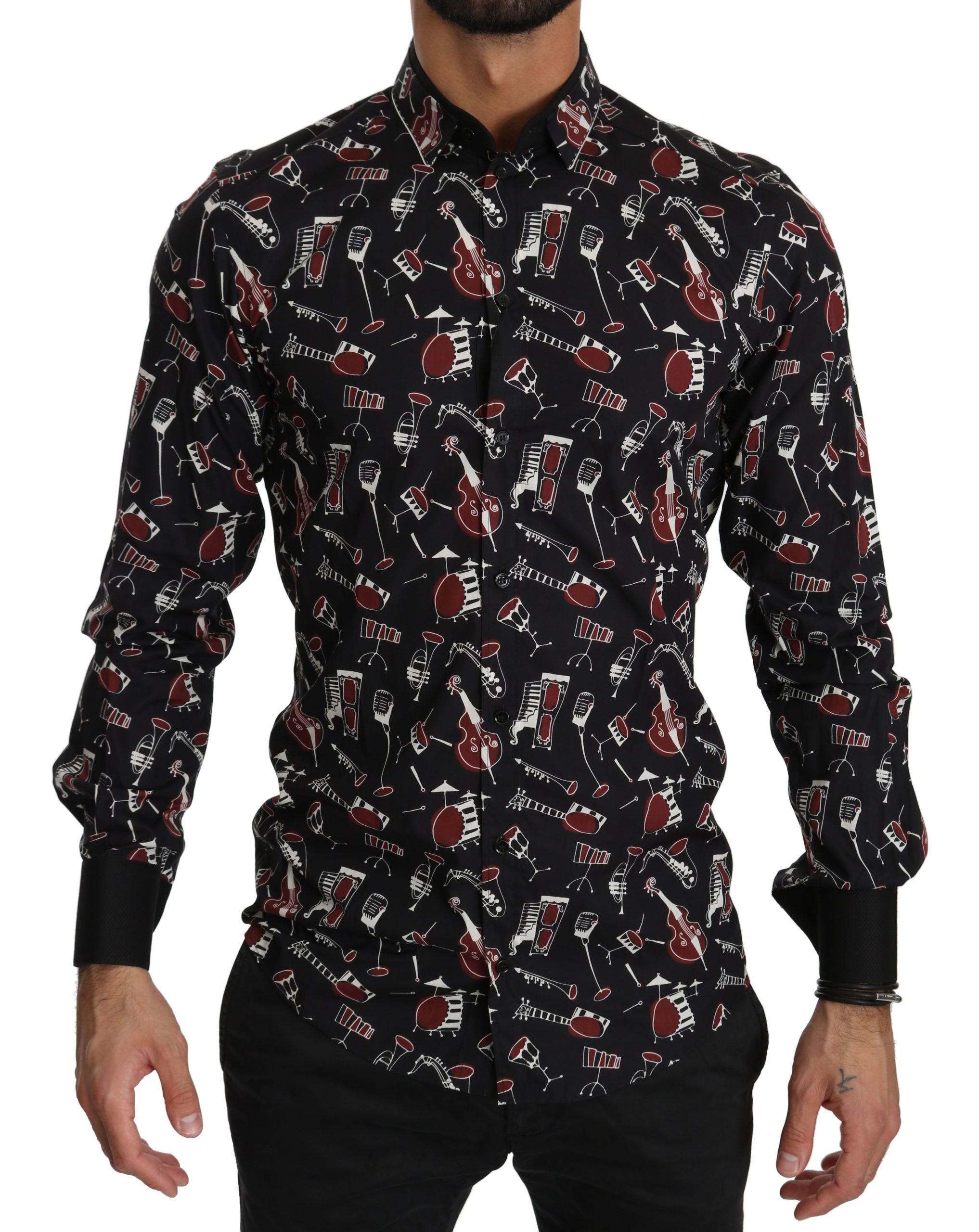 Black slim fit shirt with musical instrument print by Dolce & Gabbana, designed for a stylish, modern look.