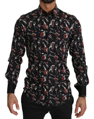 Black slim fit shirt with musical instrument print by Dolce & Gabbana, designed for a stylish, modern look.