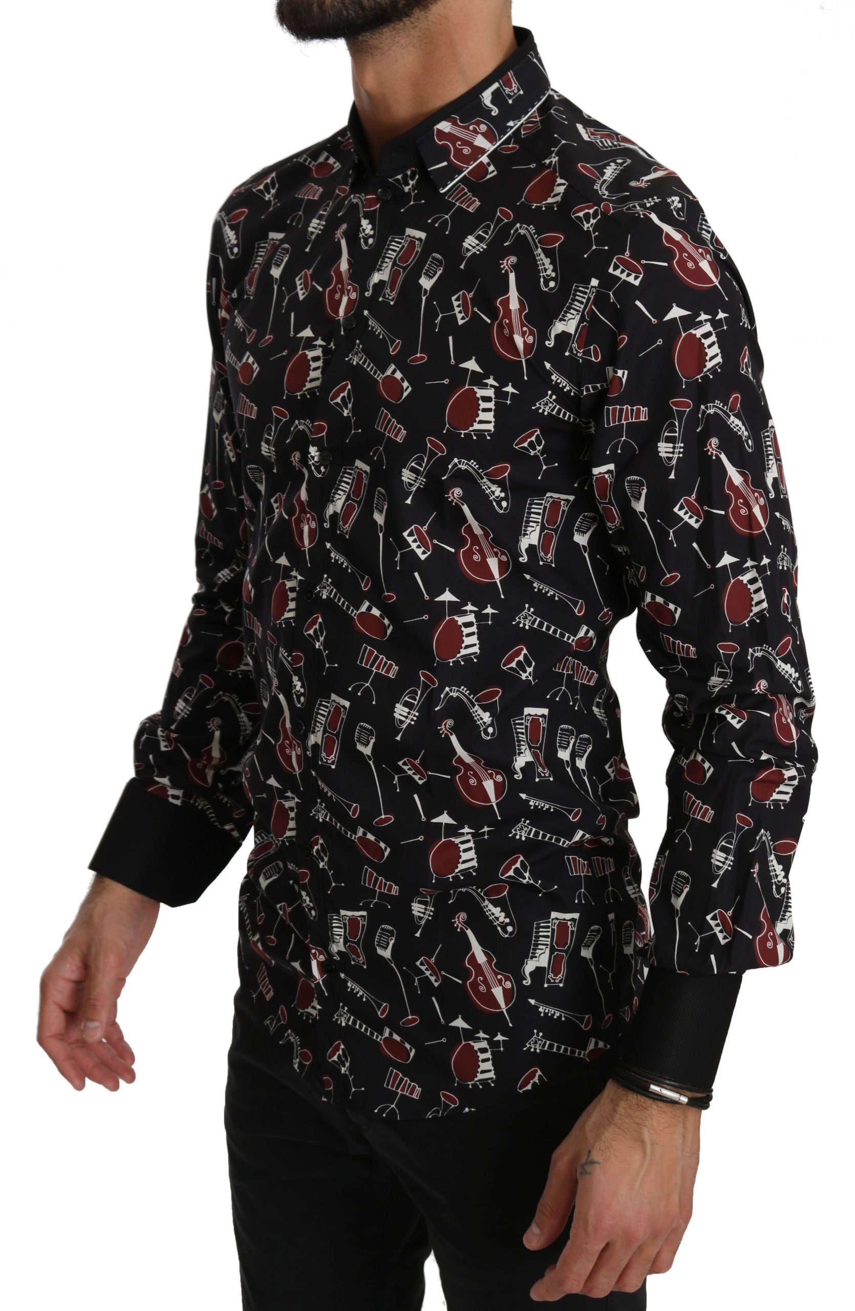 Black musical instrument slim fit shirt by Dolce & Gabbana, featuring a tailored design and sleek fabric, displayed on a mannequin.