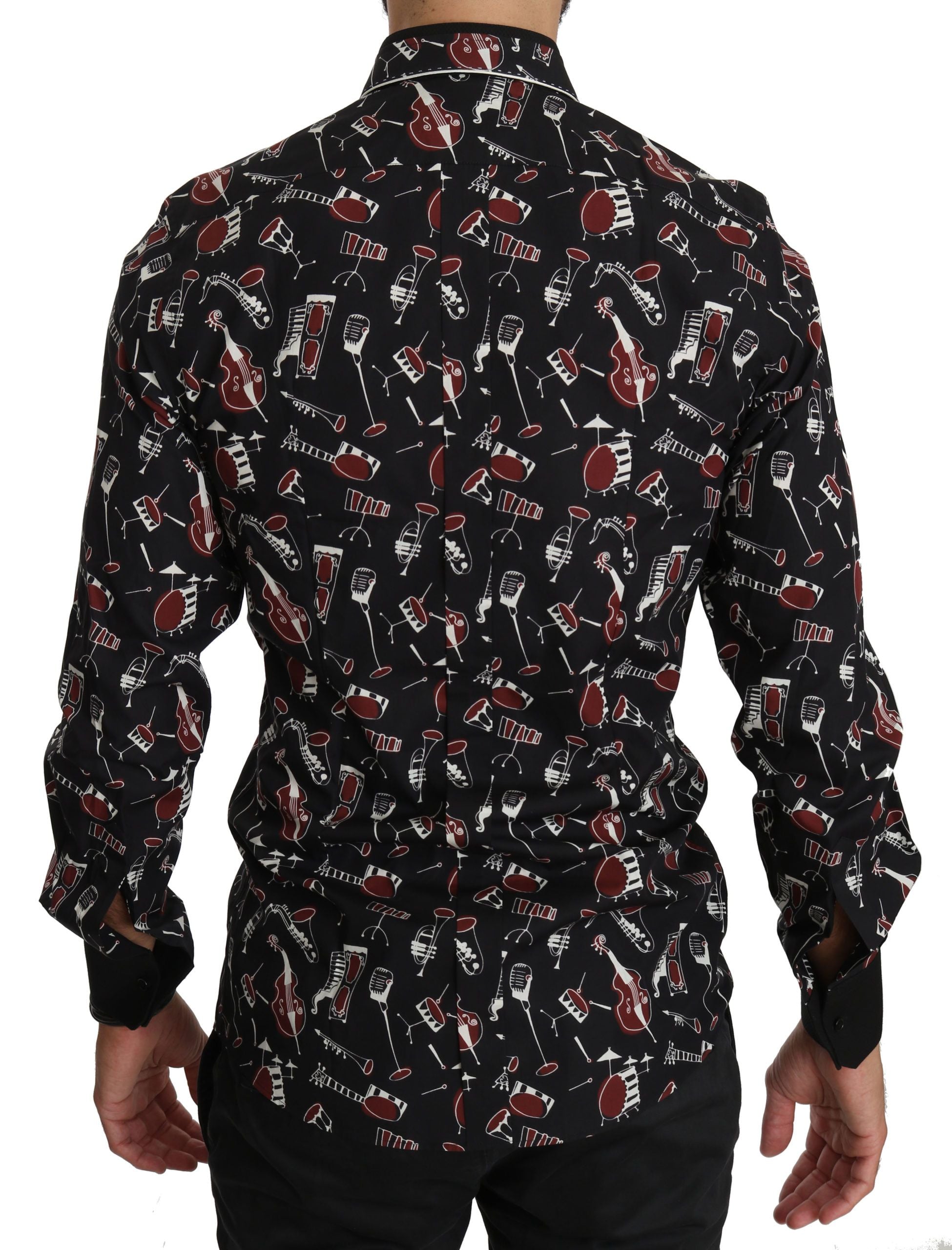 Black Dolce & Gabbana slim fit shirt featuring musical instrument print, tailored design, and classic collar for stylish wear.