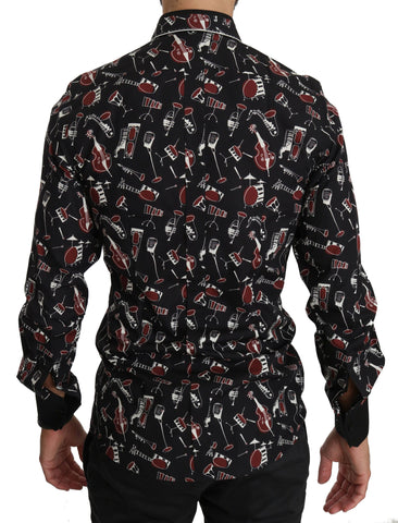 Black Dolce & Gabbana slim fit shirt featuring musical instrument print, tailored design, and classic collar for stylish wear.
