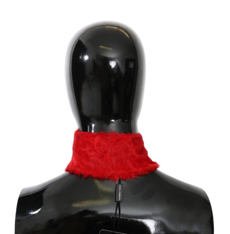 Red fur neck collar wrap made of lambskin, stylish scarf by Dolce & Gabbana, shown draped over a neutral background.