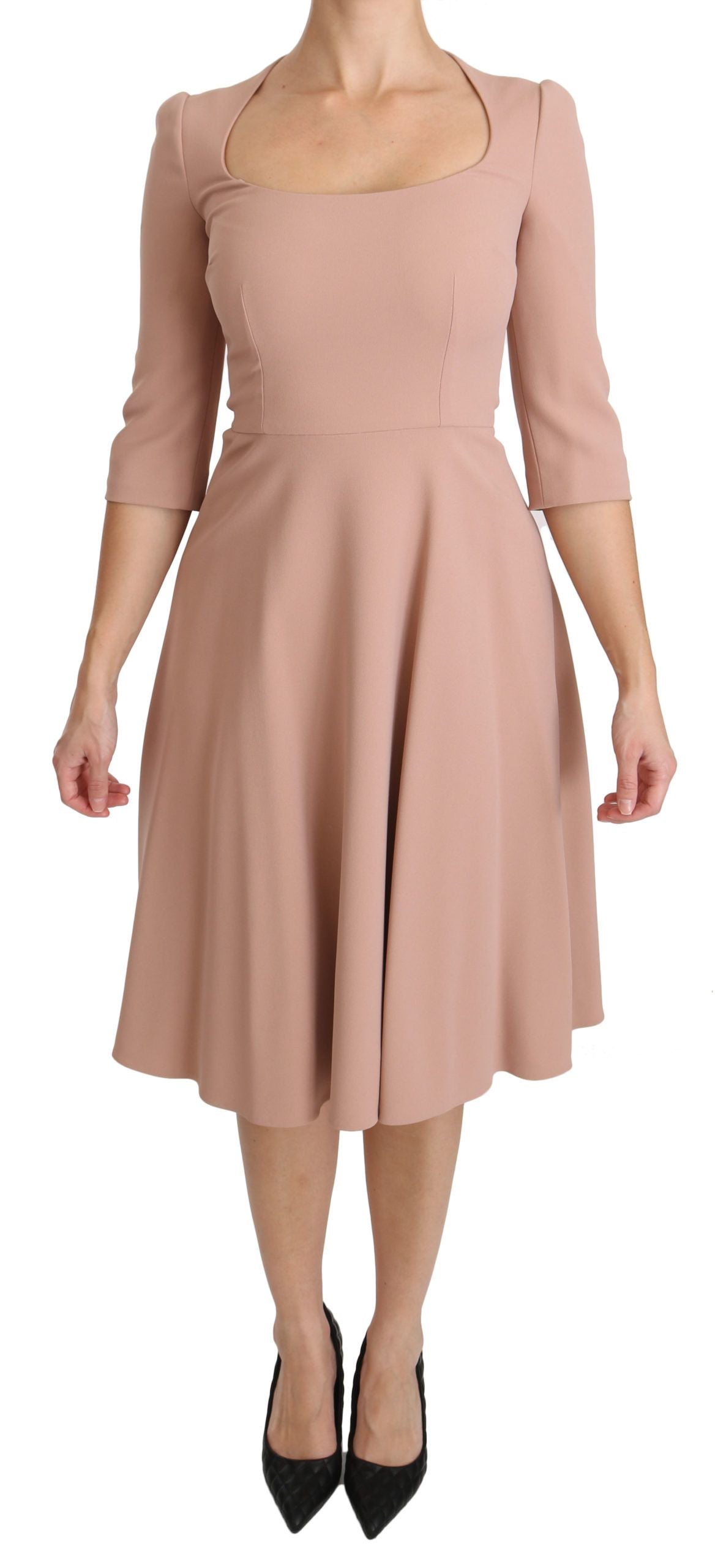 Pink Dolce & Gabbana 3/4 sleeve A-line viscose dress displayed on a mannequin with a V-neck and floral pattern.