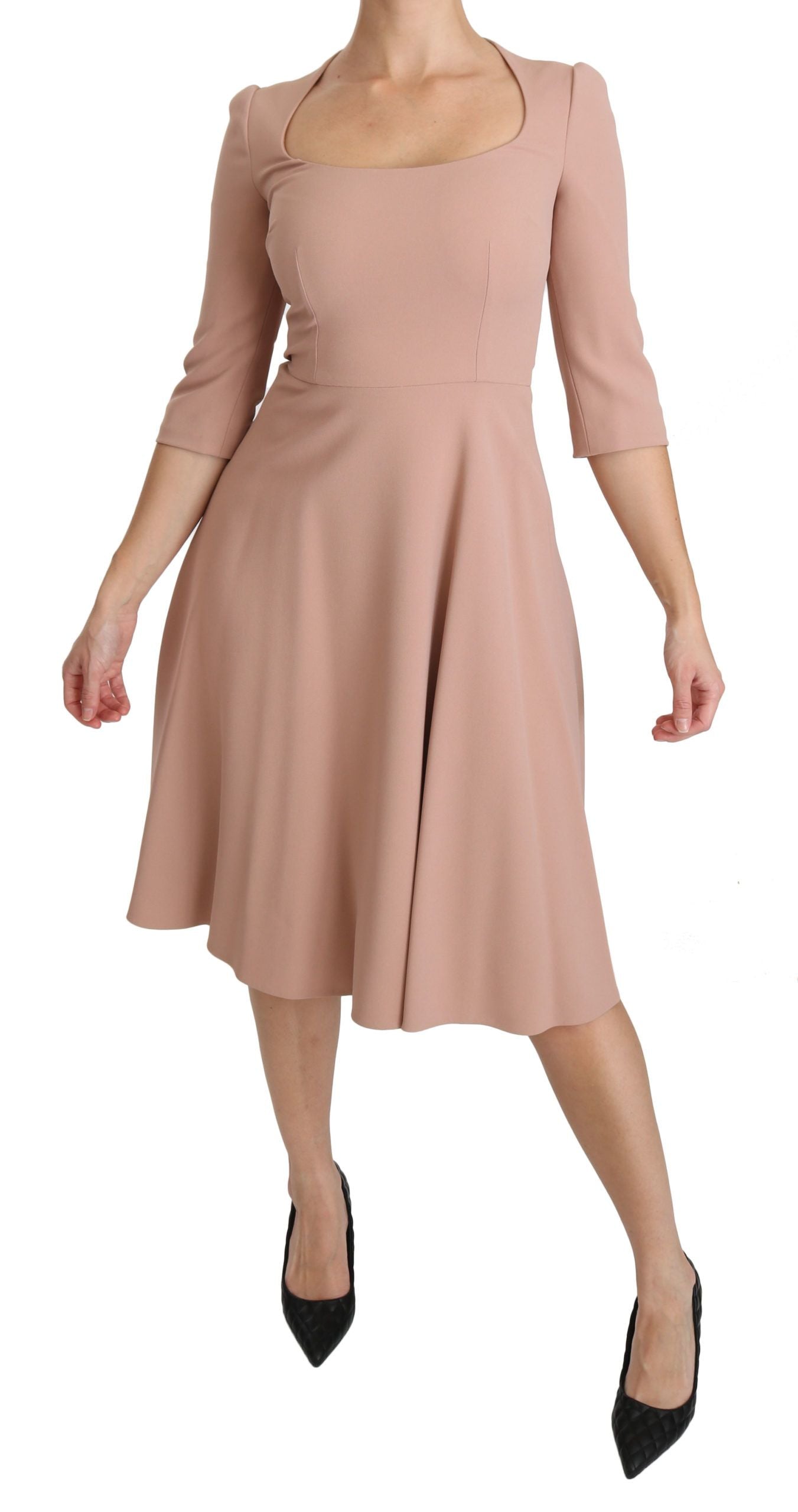 Pink Dolce & Gabbana 3/4 sleeve A-line viscose dress with V-neck, flowing silhouette, and stylish design.