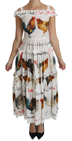 White Rooster Sheath Midi Cotton Dress by Dolce & Gabbana, close-up showing fitted silhouette and stylish design details.
