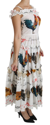 White Rooster Sheath Midi Cotton Dress by Dolce & Gabbana, featuring a sleek fit and classic design, displayed on a hanger.