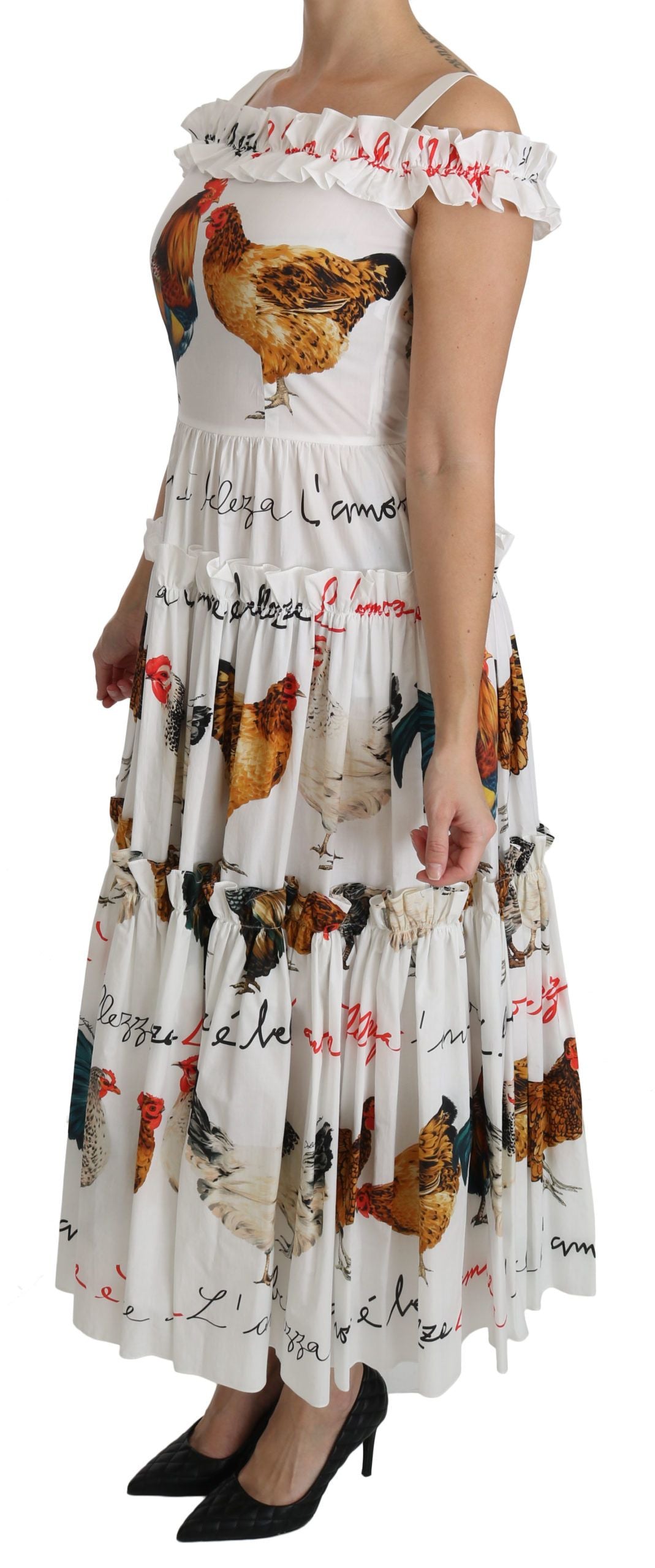 White Rooster Sheath Midi Cotton Dress by Dolce & Gabbana featuring a fitted silhouette and classic round neckline.
