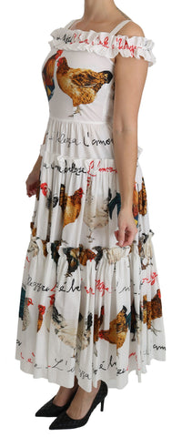 White Rooster Sheath Midi Cotton Dress by Dolce & Gabbana featuring a fitted silhouette and classic round neckline.
