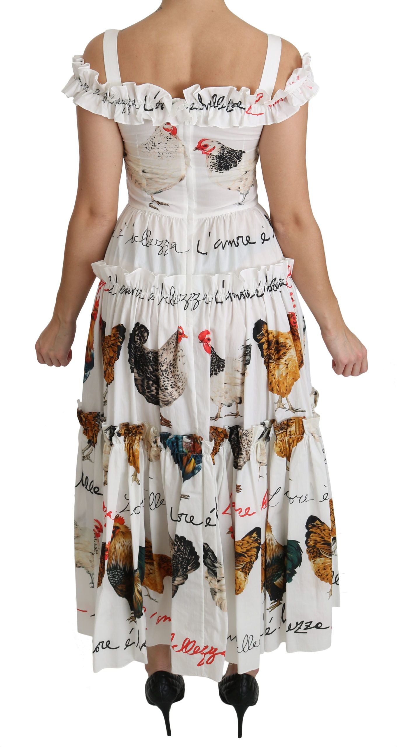 White Rooster Sheath Midi Cotton Dress by Dolce & Gabbana, fitted midi dress with a sleek silhouette and cotton fabric.