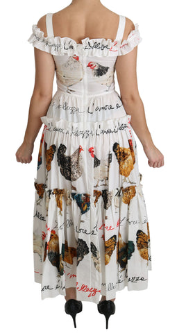 White Rooster Sheath Midi Cotton Dress by Dolce & Gabbana, fitted midi dress with a sleek silhouette and cotton fabric.