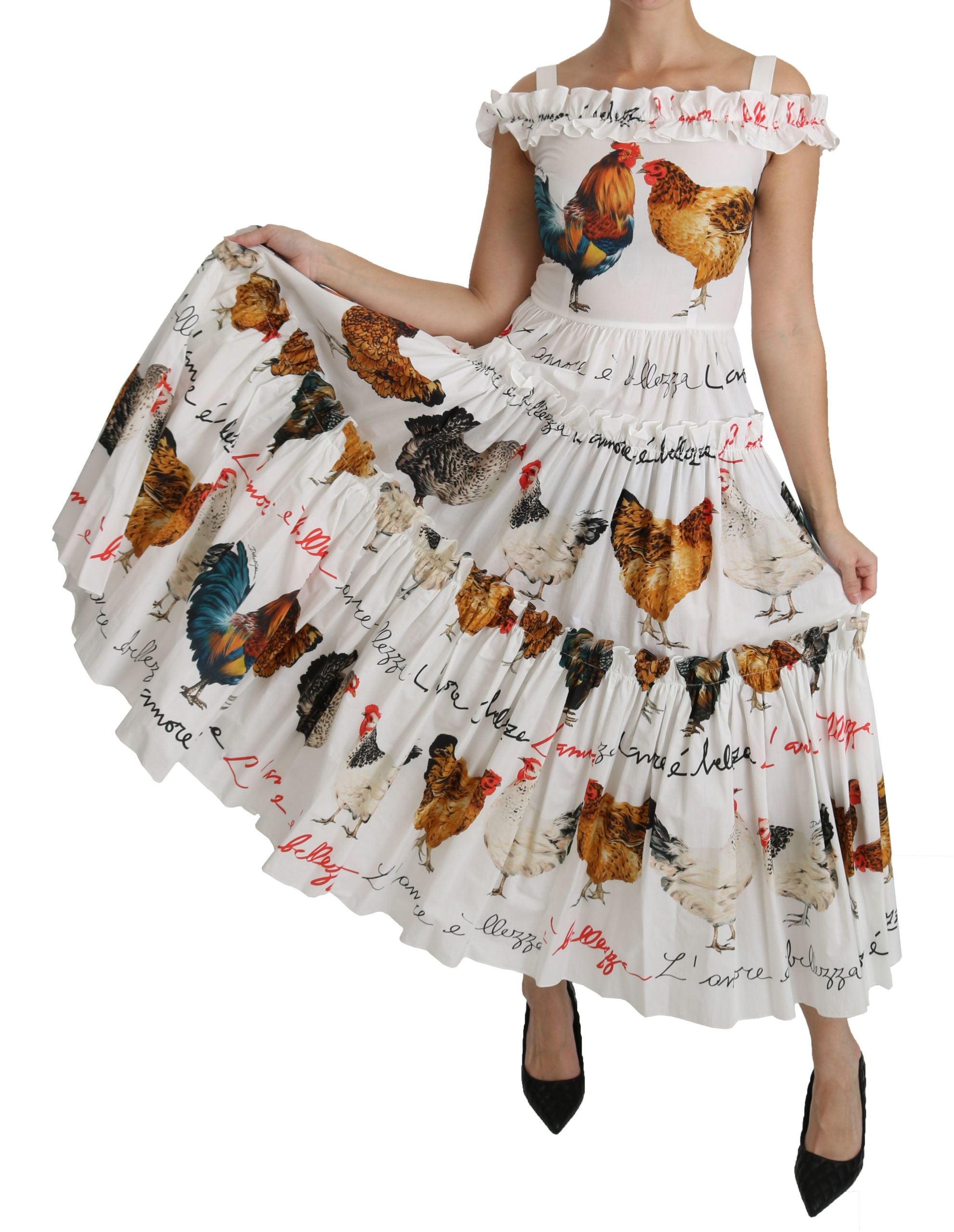 White rooster sheath midi cotton dress by Dolce & Gabbana, featuring a fitted silhouette and classic style.