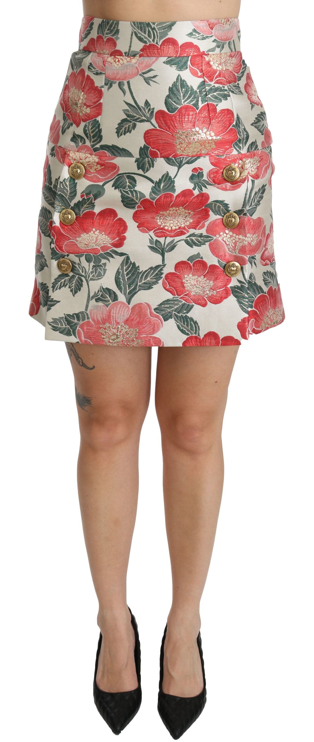White, green, and red floral high waist mini skirt by Dolce & Gabbana with a vibrant, patterned design.