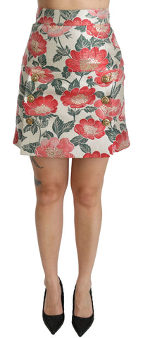White, green, and red floral high waist mini skirt by Dolce & Gabbana with a vibrant, patterned design.