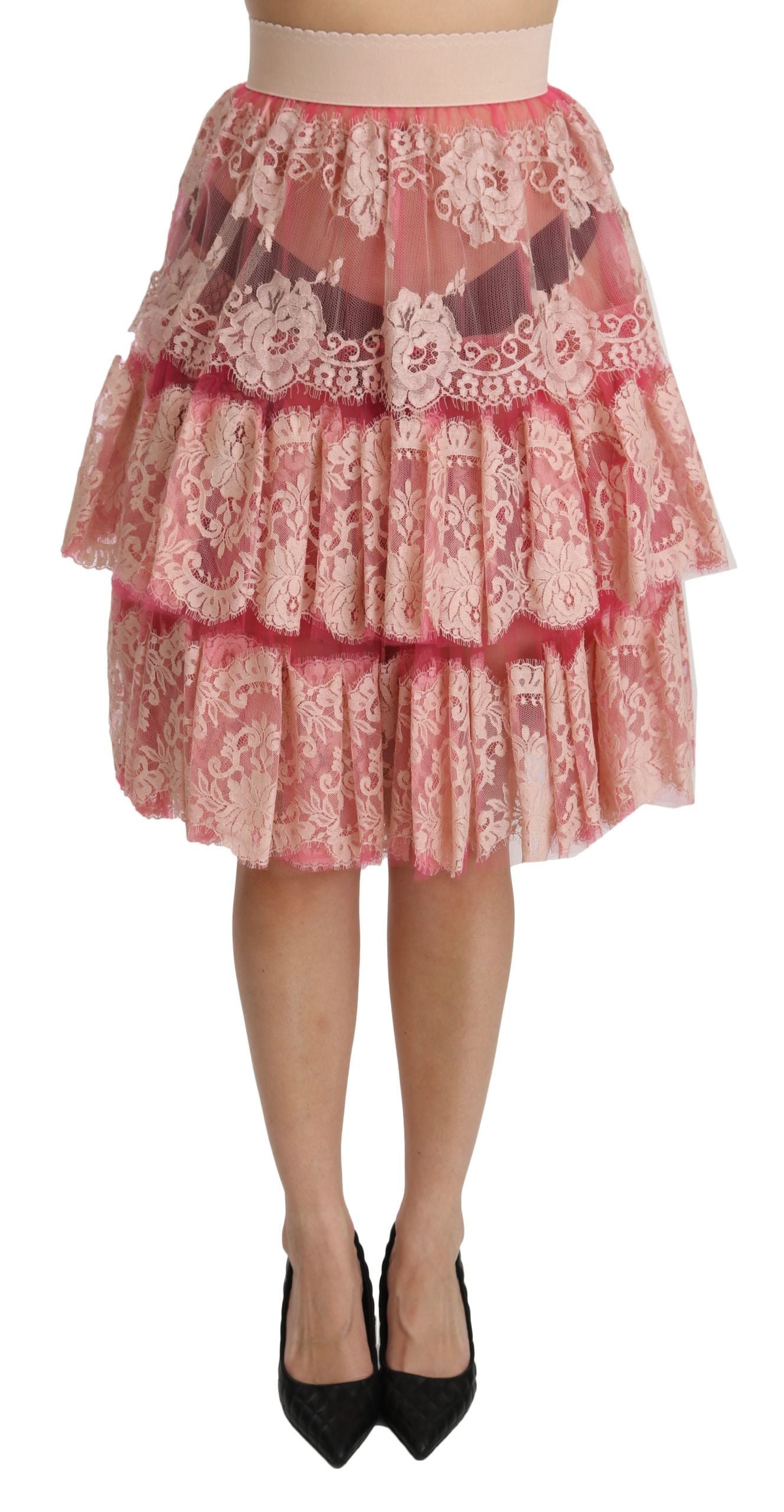 Pink lace layered high waist knee-length skirt by Dolce & Gabbana, featuring intricate lace details and elegant design.