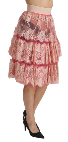 Pink lace layered high waist knee-length skirt by Dolce & Gabbana, featuring delicate lace fabric and a stylish high waist design.