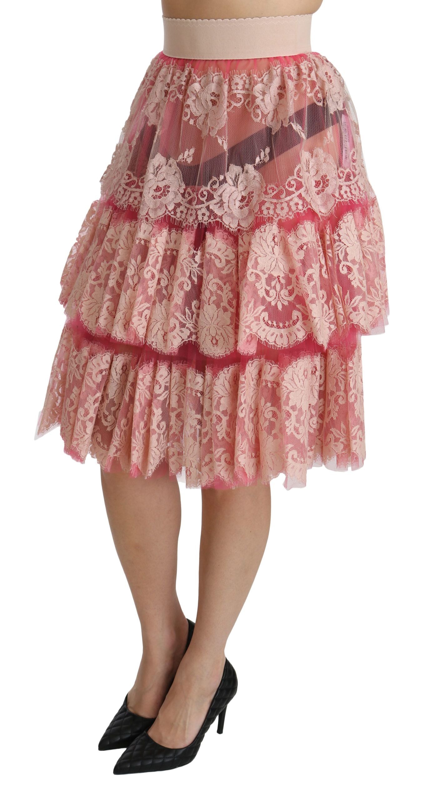 Pink lace layered high waist knee-length skirt by Dolce & Gabbana, featuring delicate lace details and a flattering fit.
