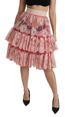 Pink lace layered high waist knee-length skirt by Dolce & Gabbana, featuring elegant lace details and a flattering fit.