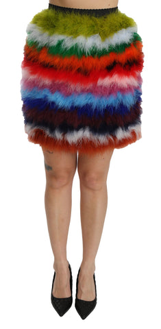 Red and blue high waist mini feather skirt by Dolce & Gabbana, showing its vibrant colors and textured feather details.