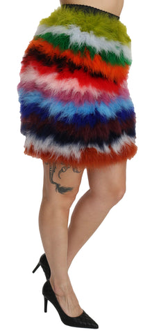 Red and blue high waist mini feather skirt by Dolce & Gabbana, showcasing its vibrant colors and textured feather details.