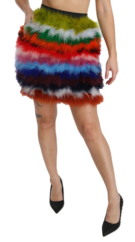 Red and blue high waist mini feather skirt by Dolce & Gabbana, featuring a vibrant color block design and stylish feather details.