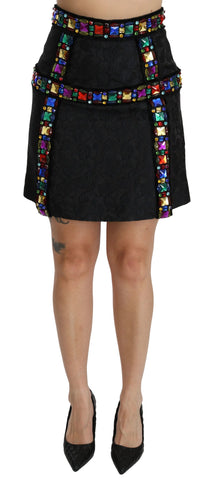 Black crystal-embellished high-waist skirt by Dolce & Gabbana, featuring a fitted design and elegant detailing.