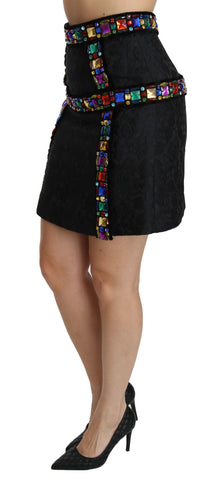 Black crystal-embellished high waist skirt by Dolce & Gabbana, featuring a sleek design with sparkling details.