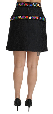 Black crystal-embellished high waist skirt by Dolce & Gabbana with intricate detailing and elegant design.