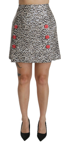 Silver patterned A-line high waist skirt by Dolce & Gabbana featuring elegant design and tailored fit.
