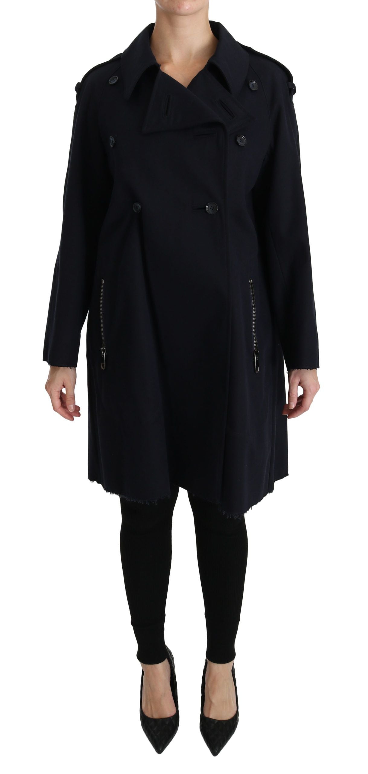 Blue cotton women's trench coat by Dolce & Gabbana, stylish jacket with classic design and tailored fit.