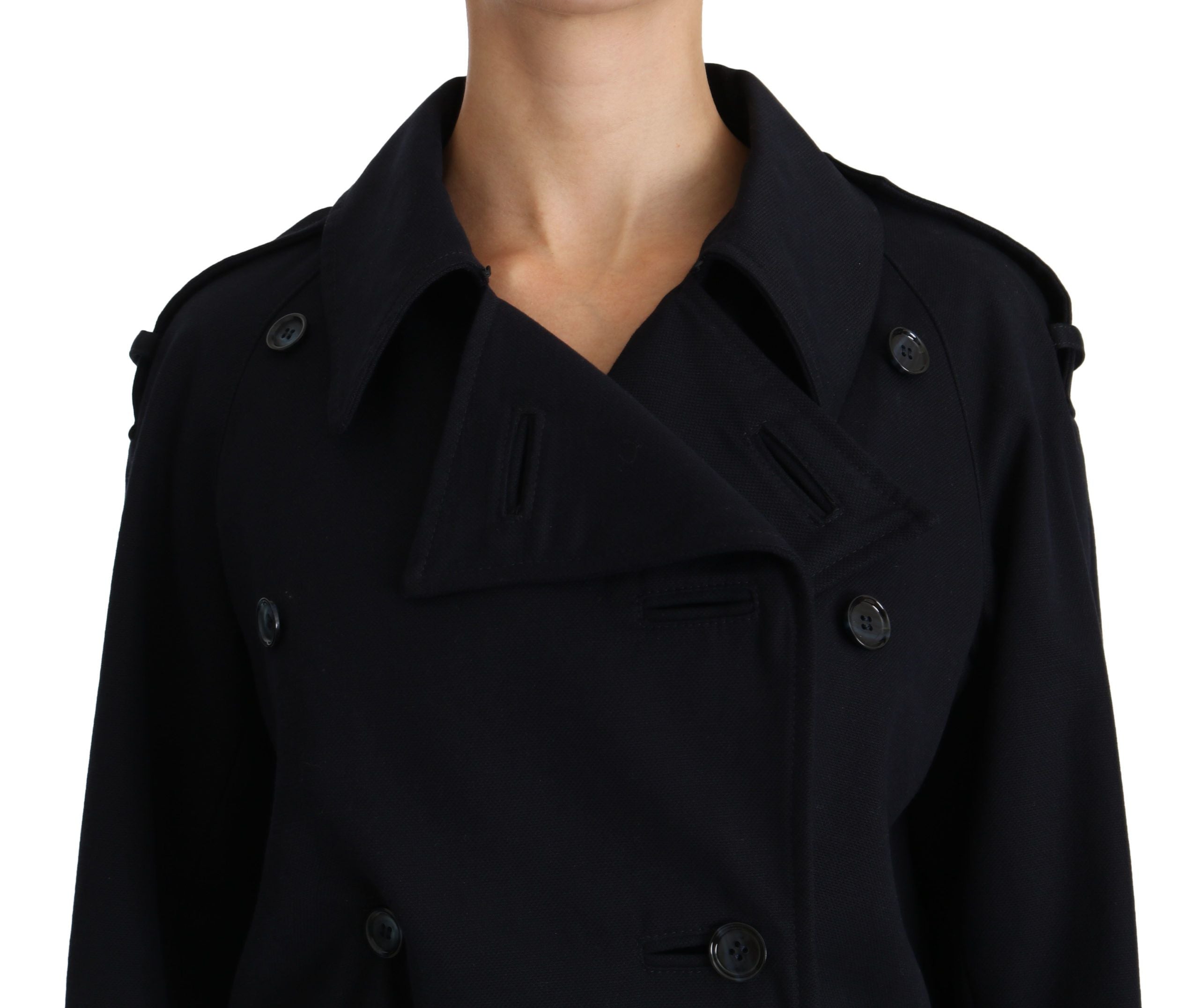 Blue cotton women's trench coat by Dolce & Gabbana, stylish jacket with classic design and belt detail.