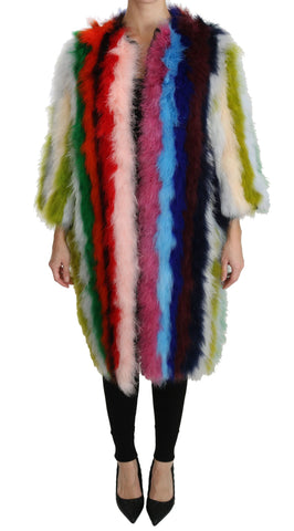 Multicolor turkey feather cape fur coat by Dolce & Gabbana, featuring vibrant feathers and luxurious fur details.