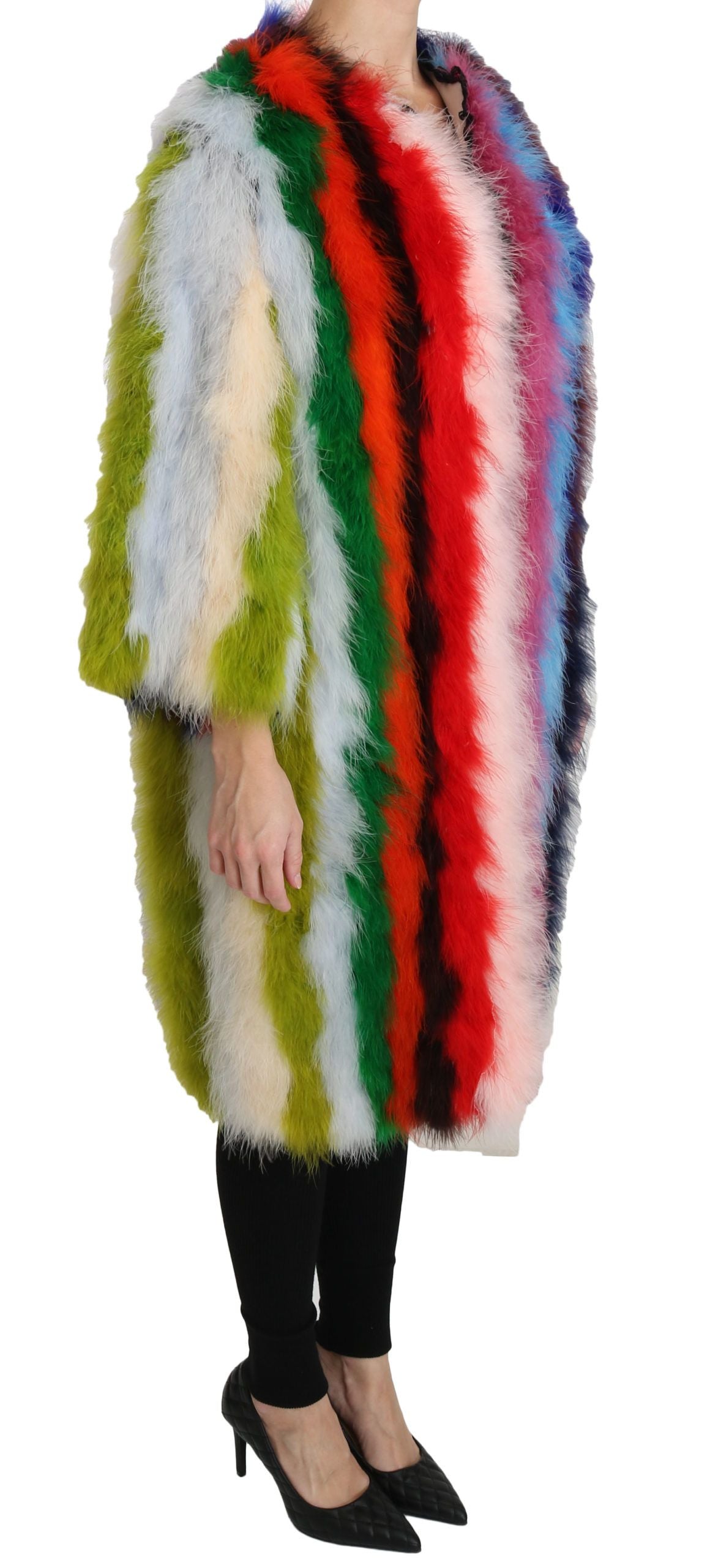Dolce & Gabbana multicolor turkey feather cape fur coat with vibrant feather details and luxurious fur trim.