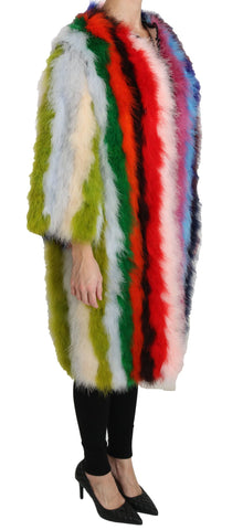 Dolce & Gabbana multicolor turkey feather cape fur coat with vibrant feather details and luxurious fur trim.