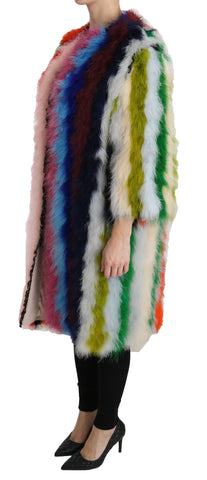 Multicolor turkey feather fur coat by Dolce & Gabbana, featuring vibrant feathers and luxurious fur details.