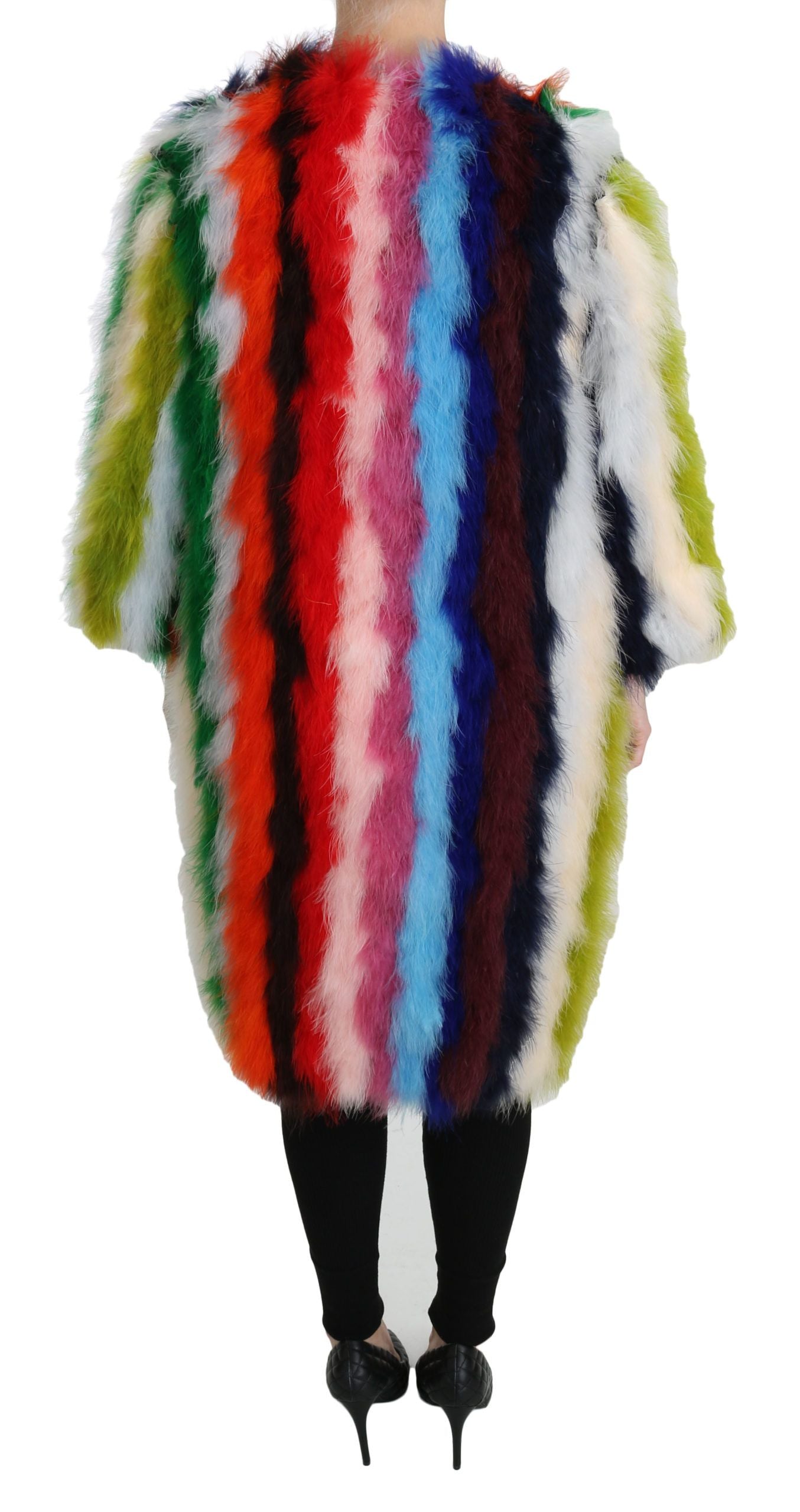 Multicolor turkey feather fur coat by Dolce & Gabbana, featuring vibrant feathers and luxurious texture.