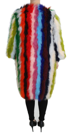 Multicolor turkey feather fur coat by Dolce & Gabbana, featuring vibrant feathers and luxurious texture.