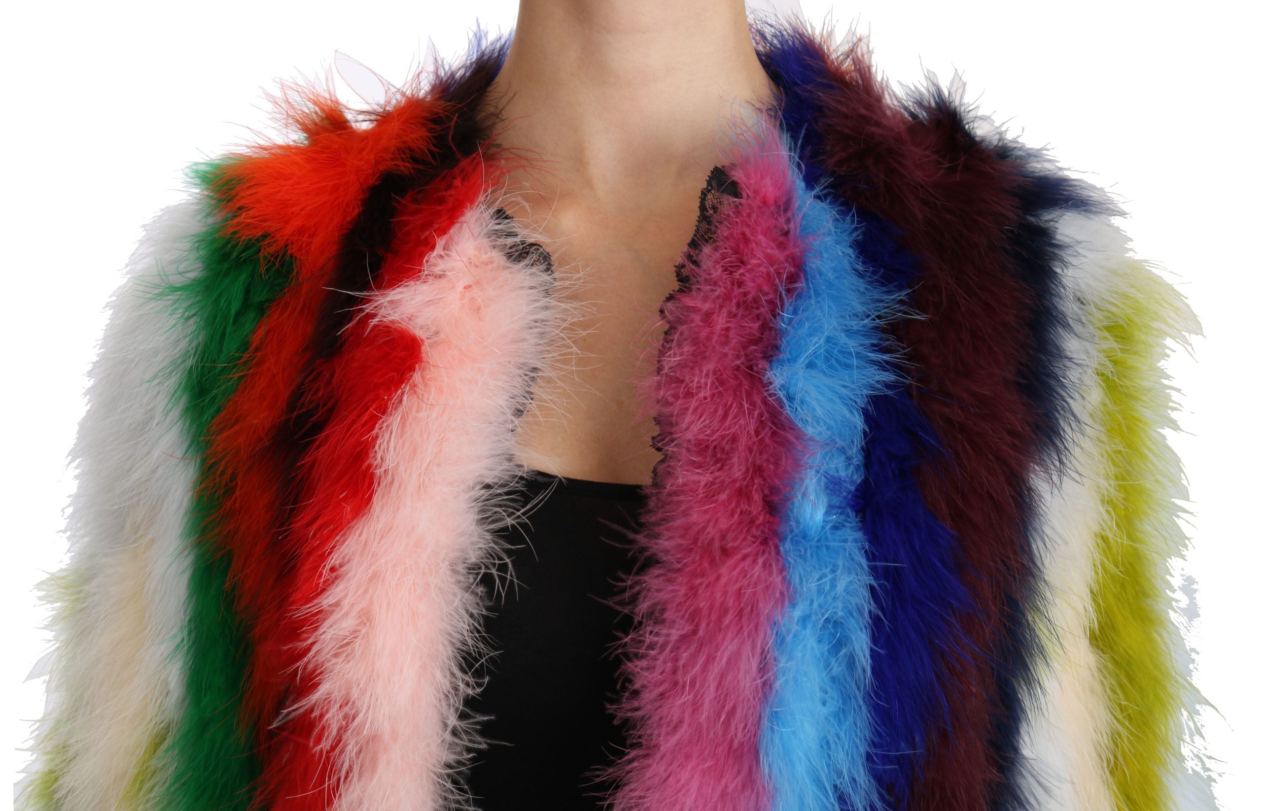 Multicolor turkey feather cape fur coat by Dolce & Gabbana, showcasing vibrant feathers and luxurious fur details.