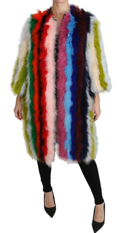 Multicolor turkey feather fur coat by Dolce & Gabbana, showcasing vibrant feathers and luxurious fur details.