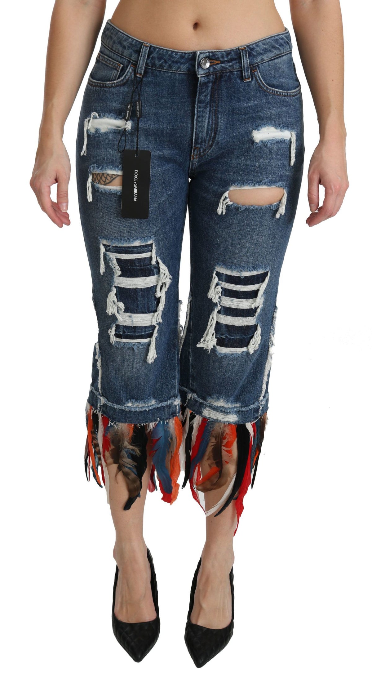 Blue Feathers low waist cropped cotton jeans by Dolce & Gabbana, showing the fitted waist and stylish feather details.