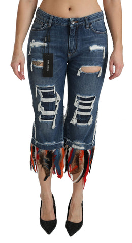 Blue Feathers low waist cropped cotton jeans by Dolce & Gabbana, showing the fitted waist and stylish feather details.