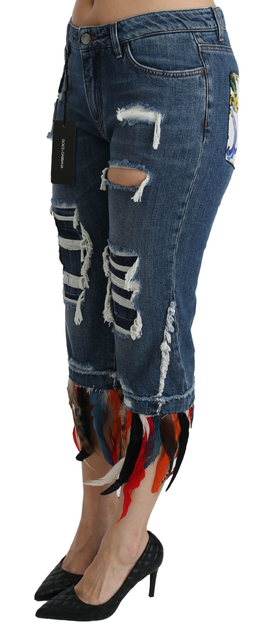 Blue feathers low waist cropped cotton jeans by Dolce & Gabbana with feather details and a relaxed fit.