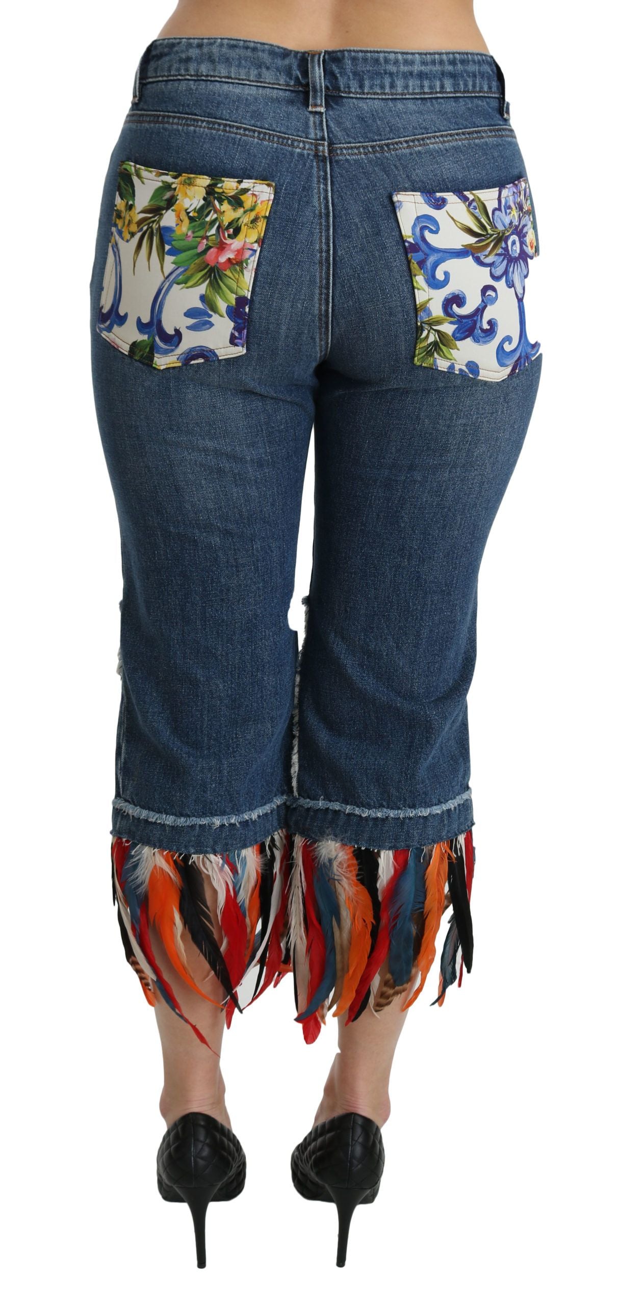 Blue feathers low waist cropped cotton jeans by Dolce & Gabbana, showcasing a relaxed fit with feather embroidery detail.